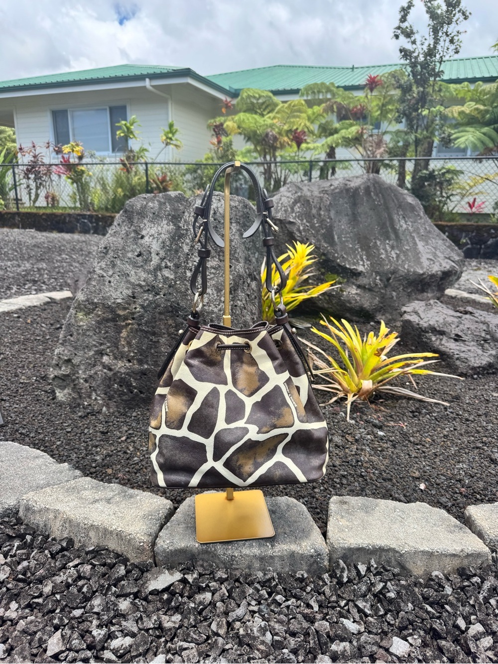 Dooney & Bourke Giraffe Print Drawstring Bucket Bag Leather Shoulder Purse 2008 - Picture 3 of 11